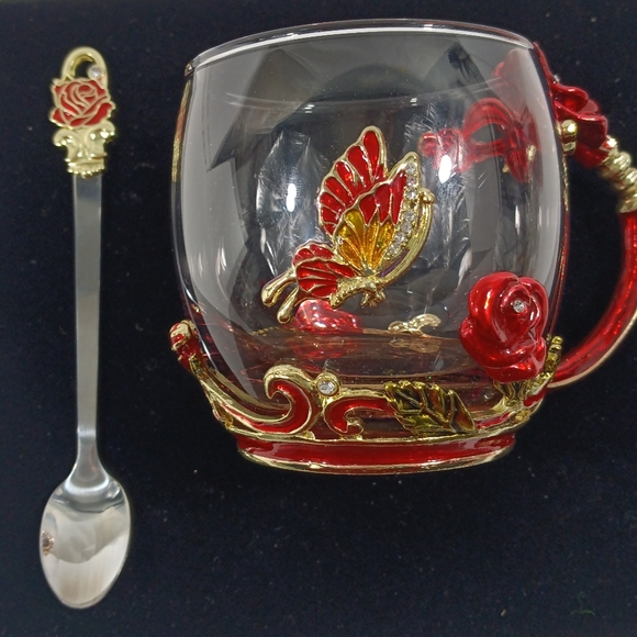 Butterfly Rose Enamel Glass Mug With Spoon Set Valentine's Day - Picture 1 of 15
